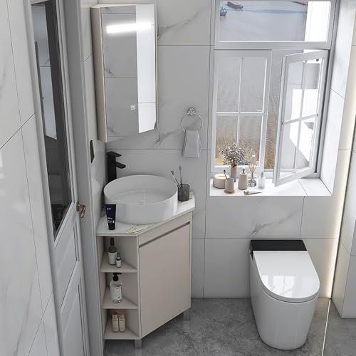 LLYLAFDC Eckwaschbecken-Kombination Für Badezimmer, Schiefertischplatte, Rundes Keramikwaschbecken Über Der Theke, Kleine Eckwaschbecken Mit Standfuß Für Kleine Räume(17in/43cm)