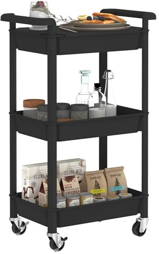Steehoom Rolling Storage Cart, 3-Tier Mobile Trolley, Grey Metal Frame with Plastic Shelves, 45 x 35 x 25 cm (Black, 3-Tier)