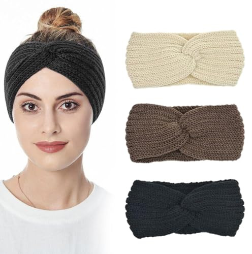 3 Pezzi Fasce per Capelli Donna, Fascia Capelli Donna Inverno, Fasce per Capelli Lavorata a Maglia Inverno Uncinetto Testa Avvolgere Beige, Nero, Kaki