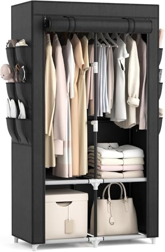 Vicye Armario De Tela, Ropero Portátil para Ropa con 2 Barras Colgantes, 4 Estantes Y 6 Bolsillos Laterales, Armario Portatil Ideal para Dormitorio, Vestidor, Salón, Negro (90 x 45.5 x 172 cm)