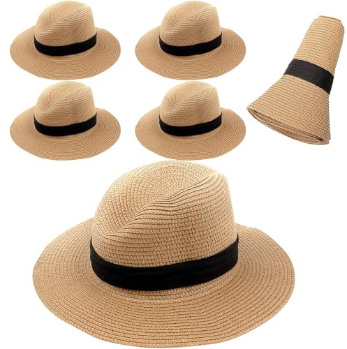 OJMHD 6 Pcs Foldable Straw Sun Hats for Men Women, Panama Fedoras Hat Bulk, Packable Wide Brim Summer Beach Hat, UPF 50 Adjustable Ladies Sunhat for Travel Outdoors Camping Supplies Beige