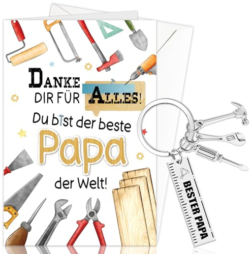 DPKOW Bester Papa Geschenk Vatertagsgeschenk, Karte mit Umschlag Schlüsselanhänger Papa Geburtstagsgeschenk Karte Vatertag Männertag Geschenk Gadget Weihnachten