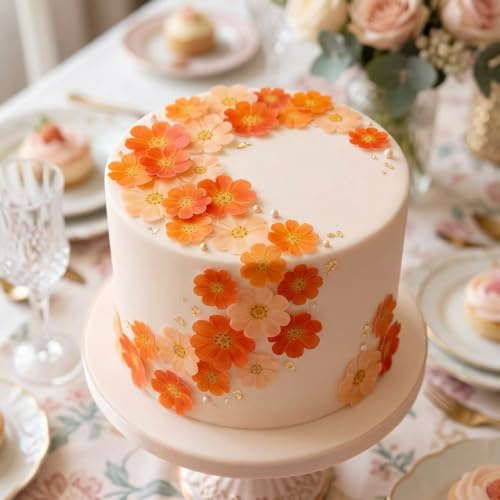 Anglesit Pre-Cut Beautiful Gradient Orange Mixed Size Flowers Edible Rice Wafer Paper Cupcake Toppers Cake Decorations Birthday Wedding Party Celebration (Orange)