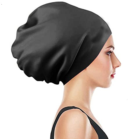 Cuffia da nuoto da donna e da uomo, in silicone, per capelli lunghi, extra grande, colore nero