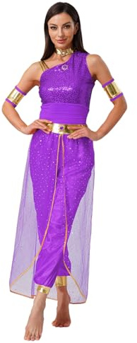 Yruioon Damen Bauchtanz Kleid Glitzer Tanzkleid Arabische Prinzessin Kostüm Overall Jumpsuit Orientalische Indische Tanzkleidung Partykleid