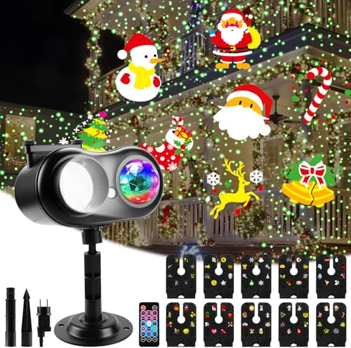 Weihnachts Projektor, Upgrade 2025 Doppelloch LED Projektionslampe außen mit 14 Schaltbare Muster 10 Farben Wasserwelleneffekt, Fernsteuerung Projektor Lichter für Halloween Weihnachten Dekoration