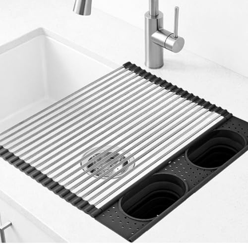 KOOTEC®️ Escurreplatos sobre Fregadero Plegable con 2 Cestas Abatibles Integradas de Silicona Cubiertos y Utensilios Cocina | Escurridor de Platos para Fregadero de Acero Inoxidable y Silicona (NEGRO)