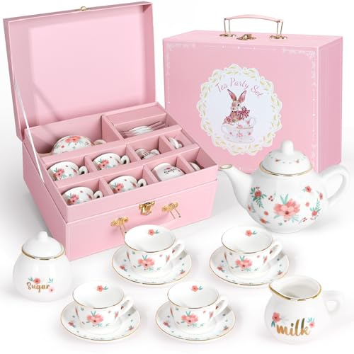 Tea Party Set for Little Girls, 49PCS Princess Tea Time Toys Including Tea Set Dessert Carrying Case, Kids Kitchen Pretend Playset, Tea Set for Girls Birthday Toddler Age 3-8 (Porcelain Tea Party Set)