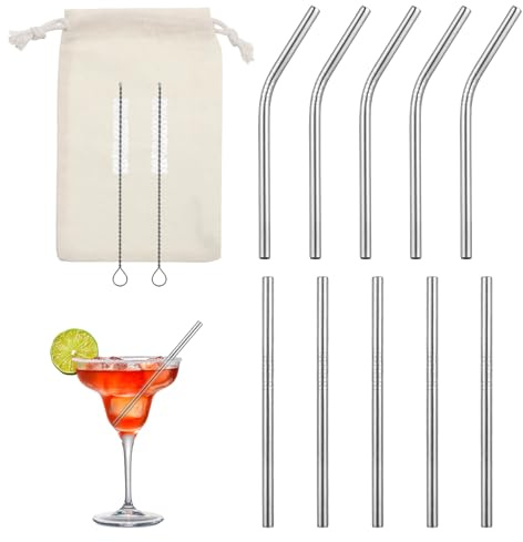10 Stück Strohhalme Edelstahl 12,5 cm Metallstrohhalme Kurze Trinkhalme Kurz Metall 5 Gebogene 5 Gerade Kurz Cocktail Strohhalme mit 2 Reinigungsbürsten für Kaffeetassen, kleine Gläser oder Becher