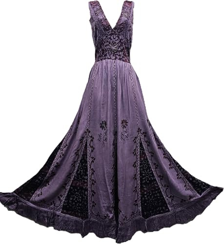 Doorwaytofashion Vintage Inspired Bohemian Maxi Dress, V Neck Sleeveless with Embroidered Batik Work Bodice, One Size