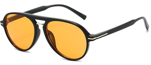 YAMEIZE Retro 70s Sunglasses for Women Men Vintage Pilot Double Bridge Round Oversized Trendy Shades Sun Glasses UV400 (Black Orange)