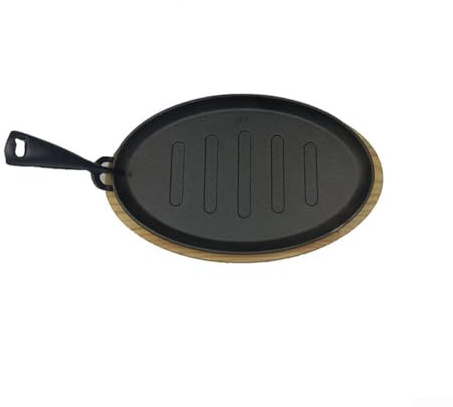 Lot de 3 poêles ovales en fonte avec base en bois Teppanyaki pour barbecue