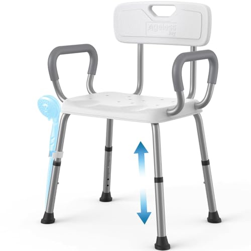 AGELESSJOY Duschhocker für Senioren mit Rückenlehne, Extra Breiter Sitz, 150kg Duschstuhl mit Armlehnen, Badhocker für die Dusche aus Flugzeug-Aluminium, Höhenverstellbarer Badezimmerhocker White