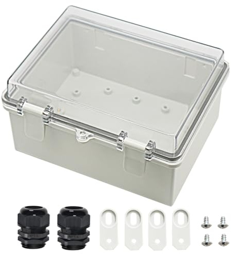 Zulkit Junction Box ABS Plastic Dustproof Waterproof IP65 Electrical Boxes Hinged Shell Outdoor Universal Project Enclosure Clear Cover with 2 Cable Glands 8.7 x 6.7 x 4.3 inch (220x170x110 mm)