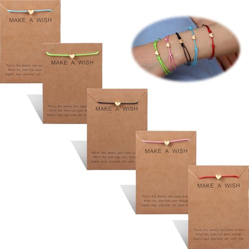 Milacolato 5Pcs Freundschaftsarmband Set mit Textkarte Machen Sie einen Wunsch Einstellbares Armband Stern Herz Handgemachtes Armband Einfache Mode Frauen Schmuck Geschenke