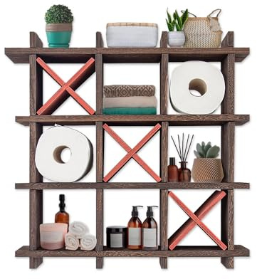 Comfify Rustikaler Tic-Tac-Toe Toilettenpapierhalter für das Badezimmer - Verspielte Ablageflächen für Toilettenpapier in Fackelbraun - Freistehende oder wandmontierte Badablagen - Braun | Fackelbraun; Paulownia-Holz; 58,4 x 58,4 x 11,4 cm; hält 9 Rollen; freistehend oder Wandhalterung; 3 x Stück; Schrauben