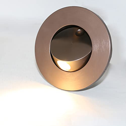 LUMINTURS 3W LED Wall Recessed Step Stair Lighting Bedside Reading Light Fixture Hidden On/Off Switch Adjustable Warm White Coffee Circle