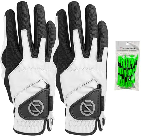 Zero Friction Men's Compression-Fit Synthetic Golf Glove, Universal Fit One Size (Pack of 2) with Pack of Golf Tees, White