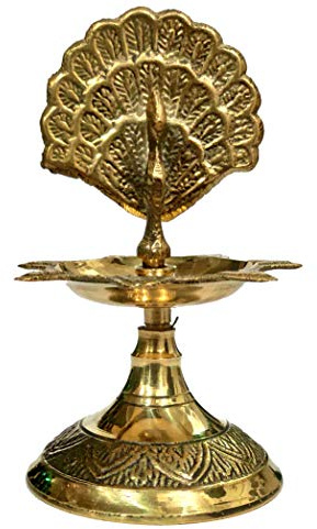 Purpledip Kuthu Vilakku Pfau Öllampe aus Messing, traditionelles Design, Einweihung Mahal Diya, 10,2 cm (12119)