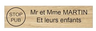 DECOHO - Plaque boîte aux Lettres personnalisée Stop PUB - adhésive Effet Bois Clair - 100x25 mm, 2 Lignes, Lettres Noires, Gravure - Marron