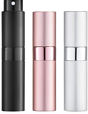 Toureal 8ML Parfum Zerstäuber Leer (3 Stück) Mini Spruehflasche, Parfüm Behälter, Parfümzerstäuber Nachfüllbar (Silber, Pink, Schwarz)