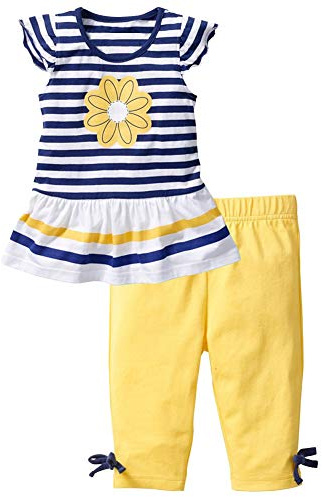 amropi Ragazze Righe Maglietta con Maniche Corte + Leggings Pantaloni Estate 2 PCS Set Completo per 1-8 Anni Blu Giallo,6-7 Anni