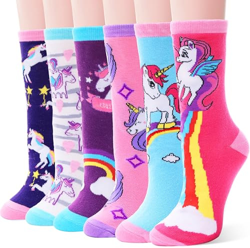 EBMORE Kids Girls Cotton Socks Cute Unicorn Pattern Odd Soft Novelty Gift Stocking Fillers Kids Socks for Girls Child Socks 6 Pack (Unicorn-H,5-8 Y)