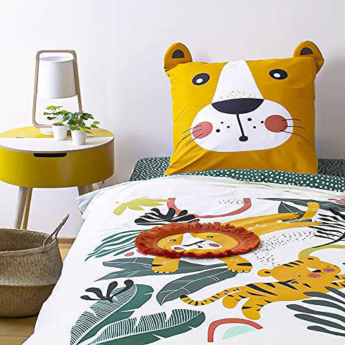 Coste Deco - Juego de cama infantil reversible de león, verde y amarillo, 140 x 200 cm + 1 funda de almohada de 63 x 63 cm, 100% algodón