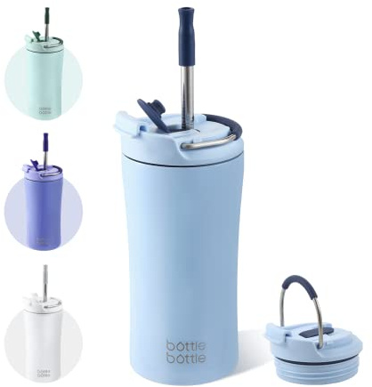 BOTTLE BOTTLE Coffee Tumbler with Dual-use Lid and Straw Double Walled Iced Travel Coffee Mug for Woman and Man 12 oz Stainless Steel Insulated Tumbler with Handle (blue)