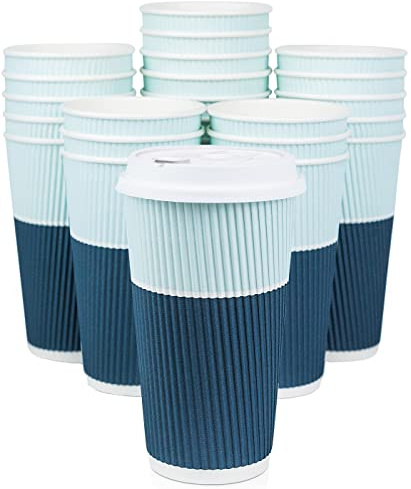 Glowcoast To Go Coffee Cups With Lids - 22 oz Disposable Coffee Cup With Lid. Large Togo Travel Paper Ripple Hot Cups Insulated For Hot, Cold Beverage Drinks, No Sleeves Needed (50, Ocean Blue)