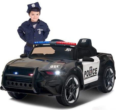 FINOOS Coche electrico para niños policia 12V, Sirena Intermitente Altavoz Puertas Abiertas con Control Remoto Negro