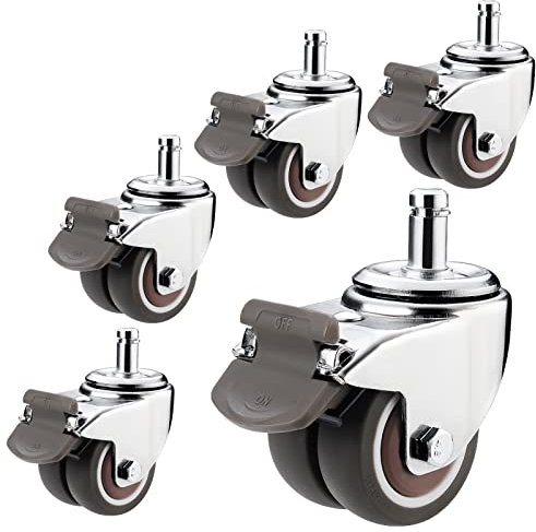 LIGUOYI 11×22mm (7/16×7/8 Zoll) Doppelrollen 5 Set Ersatz-bürostuhl Rollen Durchmesser 50mm Gummi TPE Rollen Flexibel und leise hartbodenrollen, mit Bremse, Rollen für möbel klein für jeden Boden