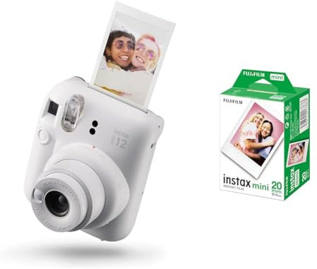 Fujifilm instax mini 12 Clay White - Fotocamera Istantanea + Confezione da 20 Pellicole Istantanee instax mini, Dimensioni Stampa 86 mm x 54 mm