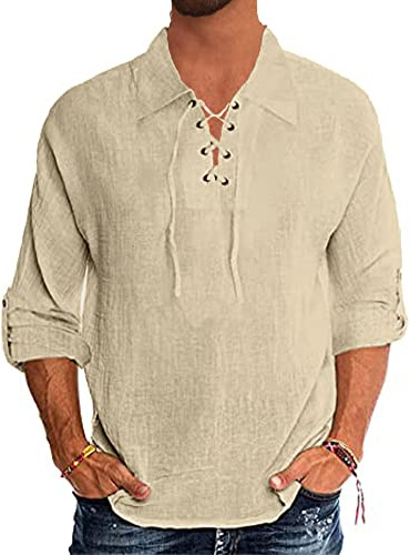 YAOBAOLE Chemise Lin Homme Manche Longue Chemise Homme Decontracte Henley en Lin pour Hommes Viking a Lacets Kaki 3XL