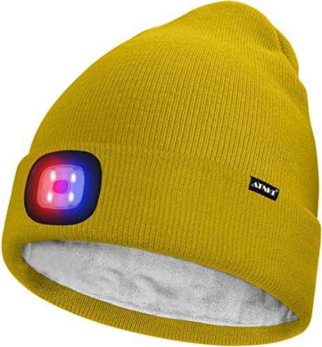 ATNKE Unisex LED Mütze mit Licht,Wiederaufladbare USB 4 LED Rot und Blau Leuchten Blinkender Laufmütze Lampe Warme Gefüttertes Fleece Stricken Mütze für Herren und Damen Geschenke/Yellow