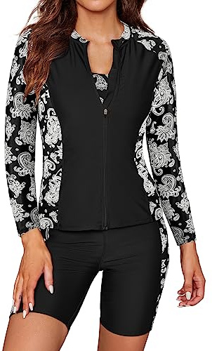 SHEKINI Women's 3 Pieces Long Sleeve Rush Guard Zip Front Athletic Swimsuit Sports Bra with Boyshort Bottoms Tankini Swimwear, Black+Print, Medium