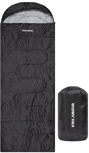 KIRKJUBØUR® Outdoor Camping Ultralight Sleeping Bag 220 x 75 cm, Comfort Range 15 °C, with Hood Headboard and Ceiling Function, Made of Anti-Static Material (Black)