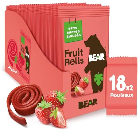 BEAR Fruit Rolls Saveur Fraise | 100% Ingrédients Naturels | 18x20g (360g) | Goûter Sain pour Enfants & Adultes | Sans Sucres Ajoutés