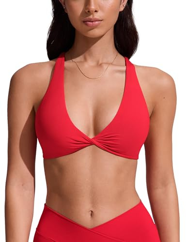CRZ YOGA Women's V Neck Bikini Tops Twist Front Criss Cross Back Swimwear Swimsuit Triangle Straps Padded Bathing Suit Deep Red 12