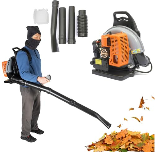 63CC 6800r/min Benzin Laubbläser Rückentragbar, Einstellbare Geschwindigkeit 2-Takt Tragbar Handgeführter Staubbläser, Leichtgewicht Gartengebläse mit 1,8 L Tank