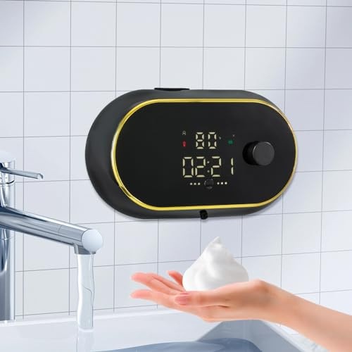 Seifenspender Schwarz, Seifenspender Automatisch, 450mL Seifenspender Wandbefestigung, Schaumseifenspender mit LCD-Display, IPX5 Wasserdicht, 3-Stufen-Schaumbildung, für Bad,Küche, Büro