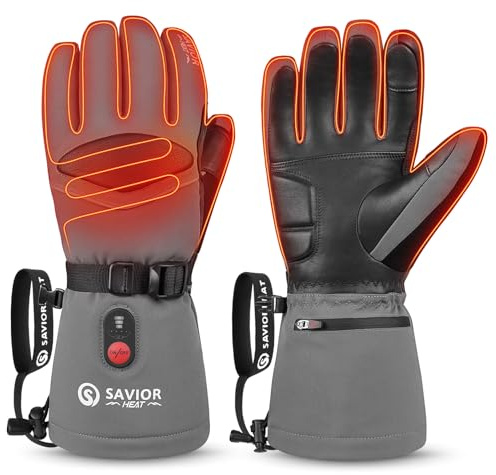 SAVIOR HEAT Heated Gloves for Men Heated Ski Gloves 10h Warm 7.4V 3000mAh Battery Thick Lining Waterproof Goatskin Palm Anti Loss Lanyard Outdoor Skiing Snowboarding for Winter(Grey, X-Large)