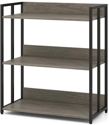 CASART 3/5-Tier Storage Shelf, Industrial Bookshelf Wooden Shelving Unit with Adjustable Shelf & Metal Frame, Home Office Display Storage Unit (Grey, 3-Tier: 70 x 35 x 81cm)