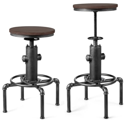 HOMASIS Sgabello da Bar Regolabile in Altezza, Sgabello Cucina in Legno e Metallo, Stile Industriale, Sgabello Girevole a 360° con Poggiapiedi Antiscivolo per Bar, Portata 150 kg (Grigio Argento)
