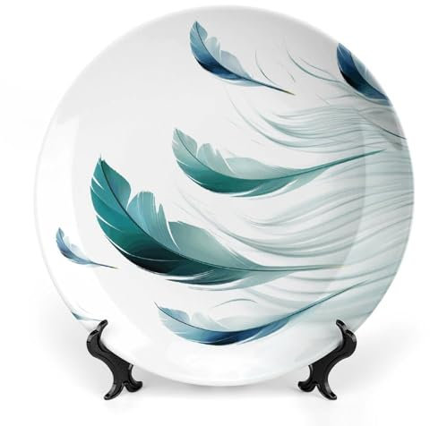 NWTRJ Blaue Feder-Keramik-Dekoteller, 17,8 cm, Knochenporzellan, dekorative Teller mit Präsentationsständer, handgefertigtes Keramik-Ornament für Zuhause, Küche, Schlafzimmer, dekorative Ornamente