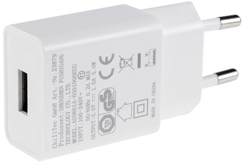 ChiliTec USB Ladegerät 5W 1A 5V Stecker-Netzteil mit USB-A 110-240V passend Tablet Smartphone Kopfhörer Akku Leuchten Reise Weiß