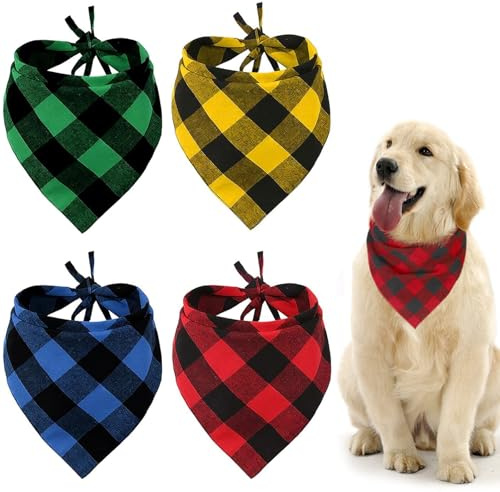 4 Pack Dog Bandanas Adjustable Classic Checkered Bandana Stylish Dog Triangle Bibs Scarf, Washable Reversible Cotton Neckerchief, Personalised Bandanas Accessories for Small Medium Large Dogs