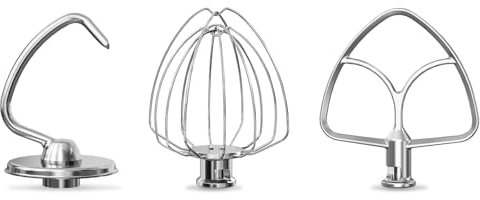 LETOMS Lot de 3 accessoires en acier inoxydable pour mixeur KitchenAid à tête inclinable et bol mélangeur, fouet métallique K45WW, crochet pétrisseur K45DH, batteur plat K45B, passe au lave-vaisselle
