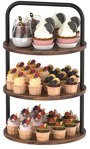 3-Tier Wooden Cake Stand with Handle - Multipurpose Afternoon Tea & Buffet Riser, Display Stand for Desserts, Events , Accent Serving Platter and Display Stand for Party, Baking,Wedding