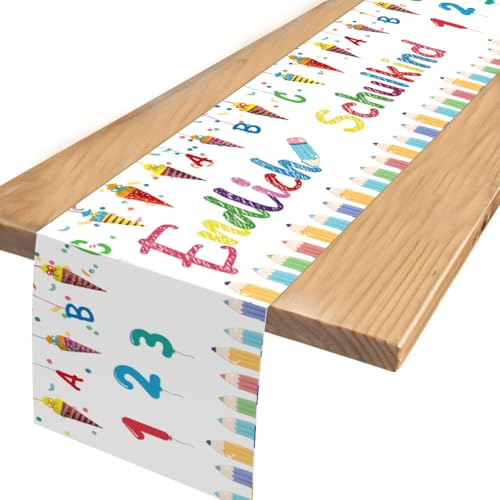 Tischläufer Einschulung – Endlich Schulkind! Bunte ABC & 123 Deko mit Zuckertüte, Schulanfang Tischband für Mädchen & Junge, 180x35cm, maschinenwaschbar
